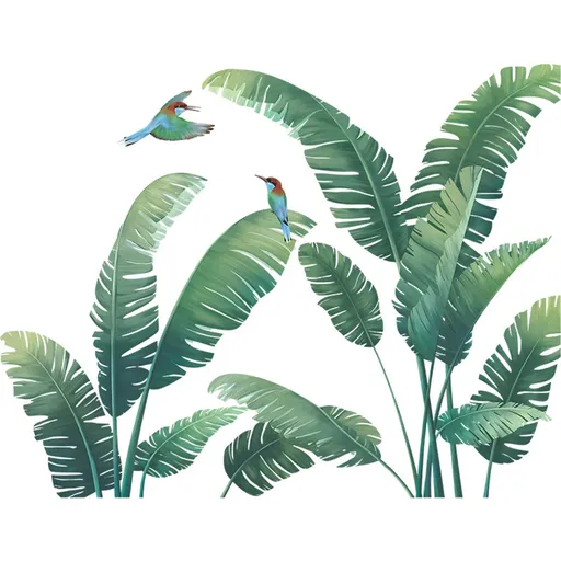 Leaf Wall Decals Plants Wall Stickers Tropical Monstera Green Leaves Hummingbird Wall Decor for Nursery Kid'sroom