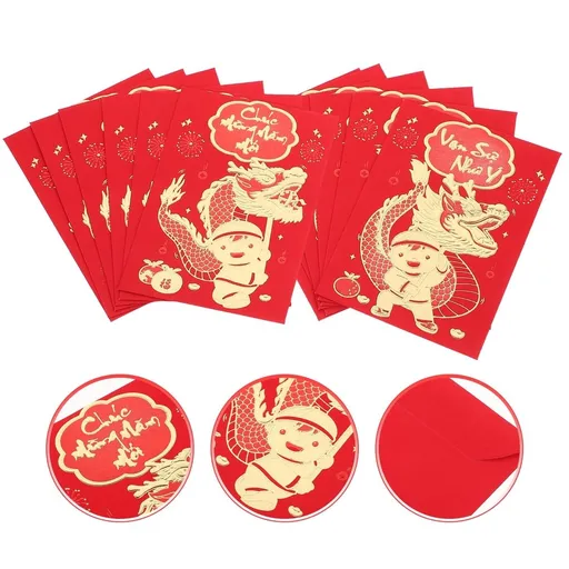 12Pcs Creative Red Envelopes with Year of Dragon Pattern for New Year Celebration