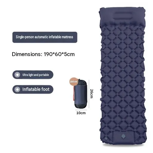 Navy blue Single Outdoor Foot Pump Inflatable Sleeping Pad （190 x 60 x 5 cm ）- 40D Nylon Camping Air Mattress with Built-in Pillow and Double Valve - Portable Moisture Proof Mat for Hiking Backpacking