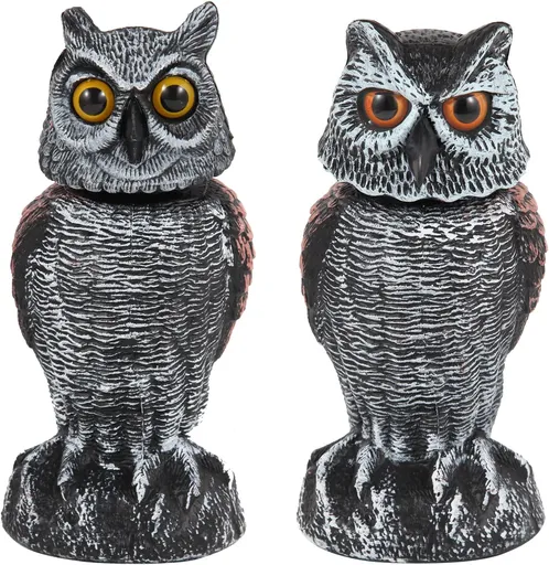2 Pack Fake Owl Decoys to Scare Birds Away, Rotating Head Bird Deterrents, Nature Enemy Scarecrow Plastic Statues, Pest Repellent for Gardens and Patios