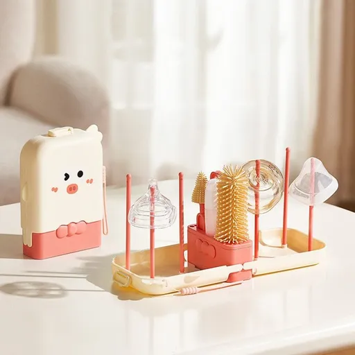 7-in-1 Bottle Brush Set, Portable Infant Bottle Cleaning Kit with Drying Rack—Pink