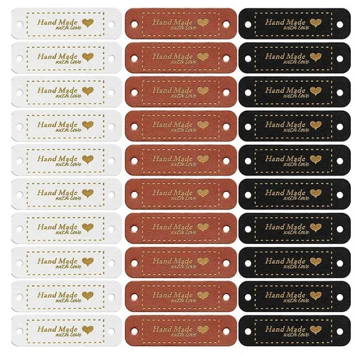 60Pcs Handmade PU Leather Tags Faux Sew on Labels Embellishment Knit Accessories with Holes for DIY Crafts