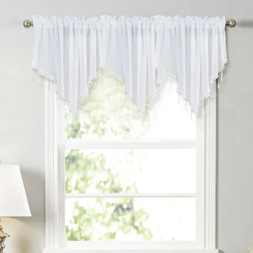 Sheer Beaded Window Valance, vintage floral voile curtain with rod pocket and scalloped edge for bedroom kitchen and cafe, White