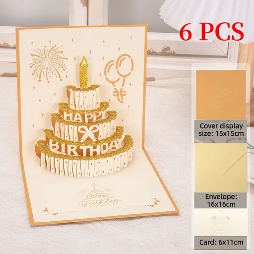 6-Pack - Gold Foil Cake 3D Pop-Up Birthday Cards, Creative Papercut Foldable Greeting Gift Cards - Gold