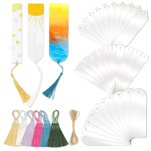 Acrylic Bookmarks Blanks Bulk 31PCS Clear Bookmark Plastic Blank 15 Set (3 Shape of Bookmarks and 5 Color Tassels)