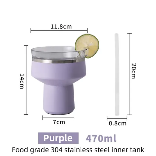 Purple 470ML Stainless Steel Martini Tumbler Cup with 360°Salt & Sip Lid, Internal Markers and Straw - Double Wall Vacuum Insulated Drink Cup for Coffee Cocktails Cold Drinks and Outdoor Use