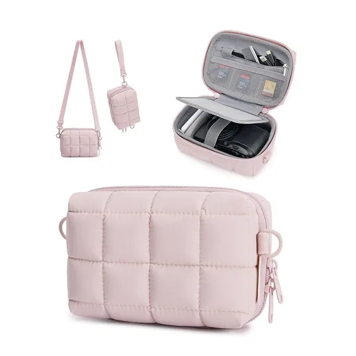 Puffy Puffer Camera Crossbody Bag with Adjustable Shoulder Strap, Shockproof EVA Hard Shell and Soft Lining for Small Digital Cameras, Memory Cards and Daily Essentials (Pink)