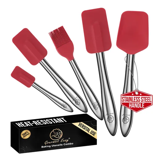 Gourmet Easy 5pcs Silicone Spatula Set, Heat Resistant with Stainless Steel Handle (Red)
