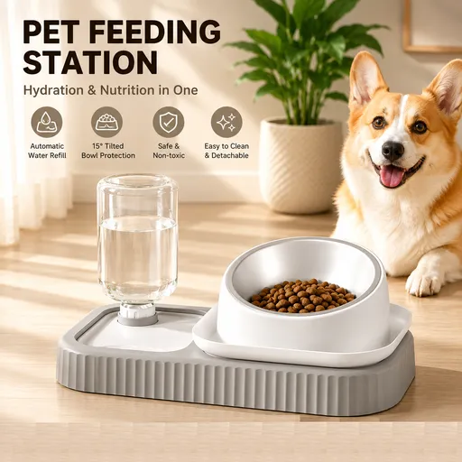 Grey and White Cat & Dog Feeding Station with Water Dispenser – Elevated Stainless Steel Pet Bowl Set with Slow Feeder, Anti-Spill Design and Automatic Water Supply