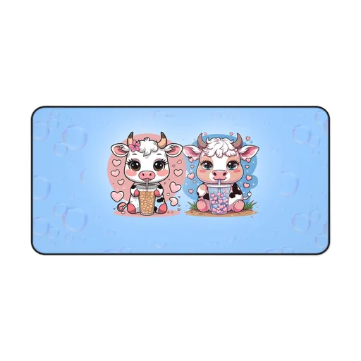 Story Nest Books Cow Desk Mat With Bubble Tea Cute Pastel Decor For Lovers Gamers Students Best Friend Gift Mouse Pad - 16" Ã— 32"