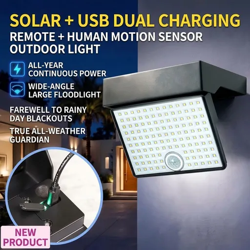Solar Powered Outdoor LED Floodlight with Remote Control and Motion Sensor, Dual Charging via Solar and USB, Weatherproof Wall Light for Driveway Garden Patio, Choice of 6000K Daylight or 3000K Warm Glow (6000K White（1PCS）+3000K Warm（1PCS）)