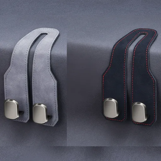 2-piece Black and Grey Alloy Dual-Hook Car Seat Back Hanger — Foldable, Faux-Suede Headrest Hook; The ideal companion for hanging handbags and shopping bags, also doubles as a mobile phone holder