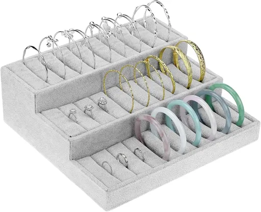Bangle Display Tray - 27 Slot Showcase Organizer for Bangles, 10.43" x 9.45" x 3.54", 3 -Tier Bangle Organizer Display Bracelets Tray Holder with Velvet Inserts, Grey