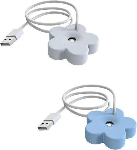 2Pcs USB Small Humidifier,Portable Creative Flower Humidifier,Easy to Use,Plastic Quiet Mini Air Humidifier for Home Bedroom Office Desk(White&Blue)