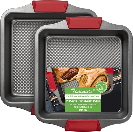 9" Square Cake Pan Set o 2, 0.8mm Thick Heavy Duty Bakeware with Diamond Texture or Even Heating, Nonstick Baking Pan or Bread, Brownies & Lemon Bars, Cake Mold with Silicone Grip Handles
