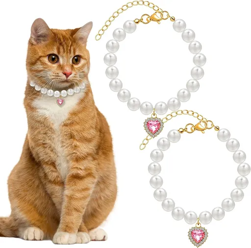 2 Pack Pearl Cat Collars with Heart Pendants, Adjustable Rhinestone Pet Necklaces for Cats, Puppies and Small Dogs, Wedding and Party Wear