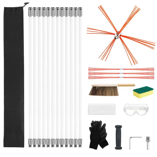 Chimney Sweep Kit, 12m Maximum Extendable Length Chimney Sweep, Chimneys Cleaning Kit with Bristle Replacements & Goggles, 90° Bendable Fireplace Cleaning Tool, for Square, Rectangle Chimneys