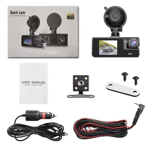 Night Vision 3 Channel Car Dash Cam Triple Record Front Cabin Rear with 32G Card Great Christmas Present