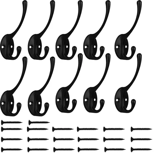 10Pcs Coat Hooks Wall Hooks for Hanging Heavy Duty, Wall Mounted Black Towel Hooks, Metal Single Coat Hanger with Screws Cup