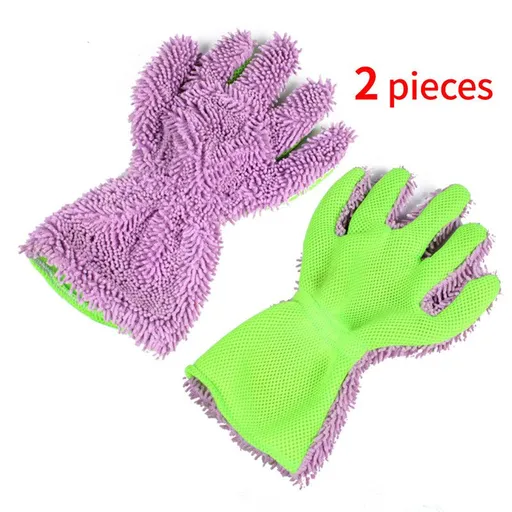 Double-Sided Chenille Car Wash Gloves, Paint-Safe Coral Fleece Car Cleaning Gloves, Five-Finger Design, Absorbs Water and Removes Dirt Easily, Car Cleaning Tools, Home and Car Cleaning Tools - Purple