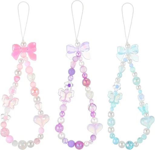 Beaded Phone Charms Strap, 3 Pcs Camera Charm Strap Wristlet Keychain Butterfly Flower Heart Bow Lanyard Chain Cute Lanyard Wrist Straps Cellphone Charm for Phone Case, Wallet (Pink, Purple, Blue)