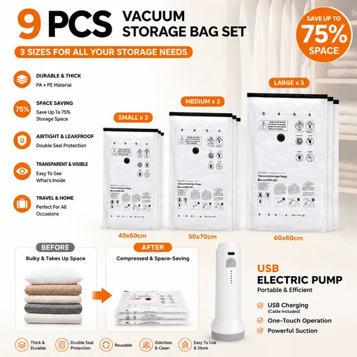 9-Piece Vacuum Storage Bags Set with USB Electric Pump – Thickened PA+PE Space Saving Compression Bags for Clothes, Blankets and Bedding, Leak Resistant Organiser for Home Storage and Travel, 3PCS of S / M / L
