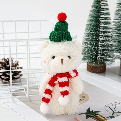 White Fluffy Christmas Bear with Green Dome Hat and Red & White Scarf, Adorable Desktop Statue for Home Xmas Layout and Gift Box Placement