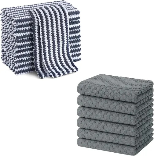 Homaxy 12 Pack Kitchen Dish Cloths(10 x 10 inches, Dark Grey), Reusable Fast Drying Microfiber Cleaning Cloth and Terry Kitchen Towels(15" x 25", 6 Pack, Dark Grey)