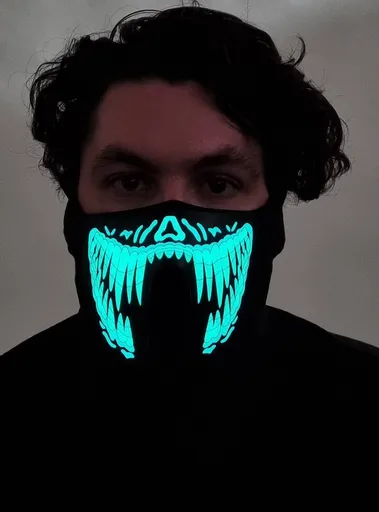 Mask Sound Activated Light Up Yellow and Green Teeth Adjustable Size Black Fleece