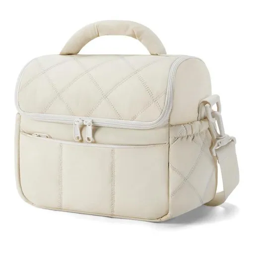 Quilted Insulated Lunch Bag with Adjustable Shoulder Strap, Leakproof Thermal Tote for Office Meals, Picnics, Travel and Daily Commute, Portable Soft Cooler Handbag (Beige)