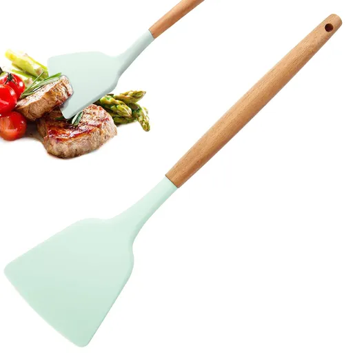 Silicone Solid Spatula with Wooden Handle, Heat Resistant and Non Stick Cooking Utensil, Kitchen Turner for Frying