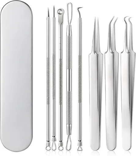 Pimple Popper Tool Kit, 8 PCS Professional Stainless Steel Blackhead Remover Comedone Extractor Tools for Removing Zit on Face - Acne Removal Kit with Metal Case (Silver) 8PCS