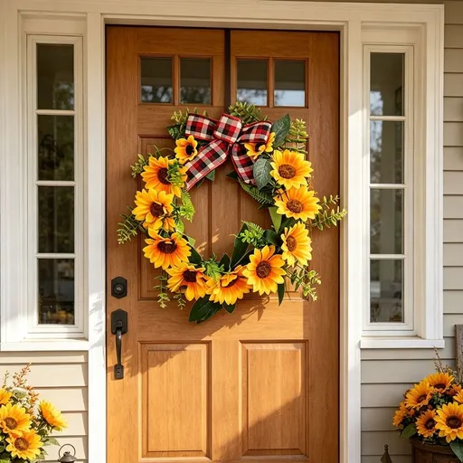 Artificial Sunflower Wreath 17.7in with Plaid Bow Farmhouse Front Door Wall Summer Decoration