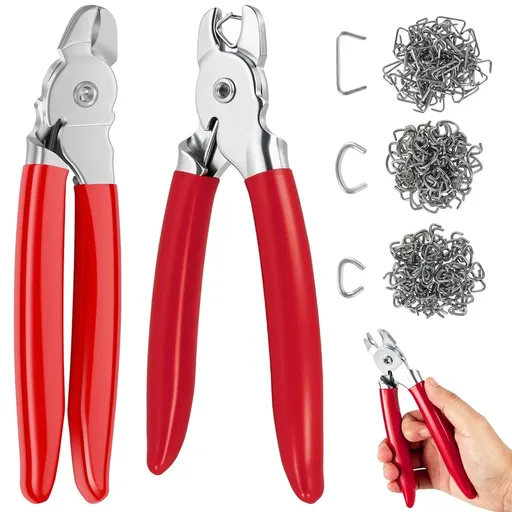 300 Pcs Hog Ring Plier Kit Straight and Bent Carbon Steel for Animal Cage Rope Bag DIY Auto Upholstery Repair (Red)