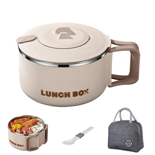 1200ML Large Ramen Bow with Lid Spoon Storage Bag Stainless Steel Food Container for Microwave - Beige