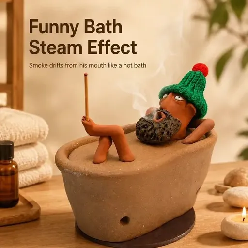 Lazy Bath Man Incense Burner – Handcrafted Ceramic Fun Aromatherapy Holder with Knitted Hat, a Whimsical Desktop Decor Piece for Relaxing Home, Tea Room, or Office Ambiance (Brown)