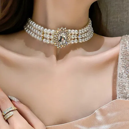 Pearls Short Choker Necklace Chain Multilayer Choker Pendant Necklaces Prom Party for Women and Girls 3 Tier