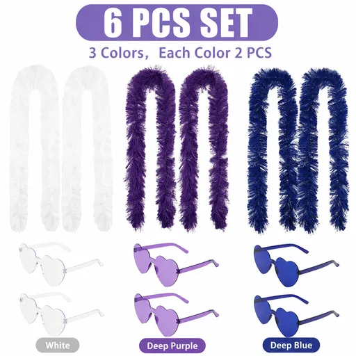 6PCS Festival Party Costume Accessories Set : Heart Shaped Sunglasses and 1.5M Feather Boas - White & Dark Purple & Dark Blue Carnival Dress Up Kit, Colour Coordinated Fun Props for Events Celebrations and Photo Booths