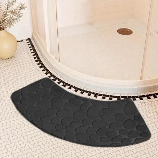 Bath Mat, Curved Shower Mat Non-Slip Quadrant Shower Mat Super Absorbent Corner Shower Mat Machine Washable Fan-Shaped Bathroom Carpet Rugs, Black, 16x39 inches