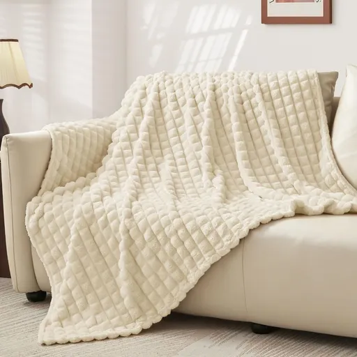 Updated Grey Throw Blanket for Couch and Bed- Super Soft and Warm 3D Checkered Fluffy Fuzzy Fleece Blanket, Luxurious Plush Cozy Blanket for Room Decor Spring - Beige - Size 120cm*200cm