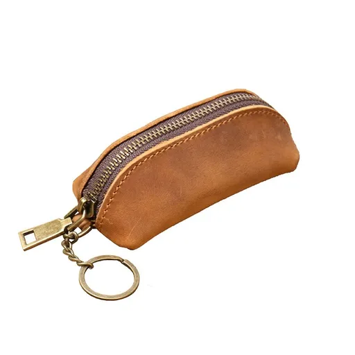 Leather Zipper Coin Pouch, Genuine Cowhide Handcrafted Coin Organizer Change Holder Keychain Coin Purse for Men & Women (Brownish yellow)