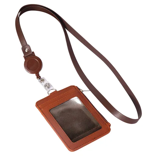 Slim PU Leather ID Badge Holder, zip wallet with neck lanyard and retractable reel for work cards, Brown