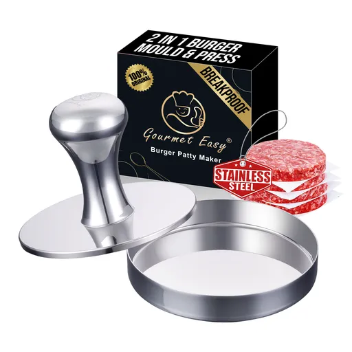 Gourmet Easy 2-IN-1 Smash Burger Press & Patty Maker, Stainless Steel Hamburger Helper, Bonus Patty Liner