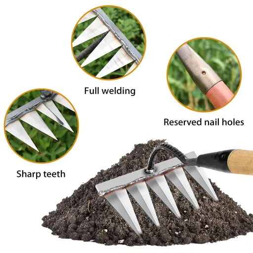 Iron Rake for Gardening and Weeding - Heavy Duty Garden Tool, Carbon Steel Hand Rake for Sturdy Dethatching (Without Stick)