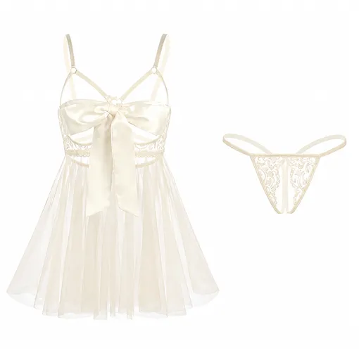 Two White Lace Lingerie Set*2 - Adjustable Strappy Babydoll and Open Crotch G-String- Sheer Mesh Nightwear with Bow Detail and Back Clip Closure for Intimate Occasions