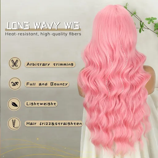 Long Pink Wigs with Bangs Light Pink Wigs for Women,Wavy Wig Heat Resistant Synthetic Fiber Wigs for Halloween Cosplay