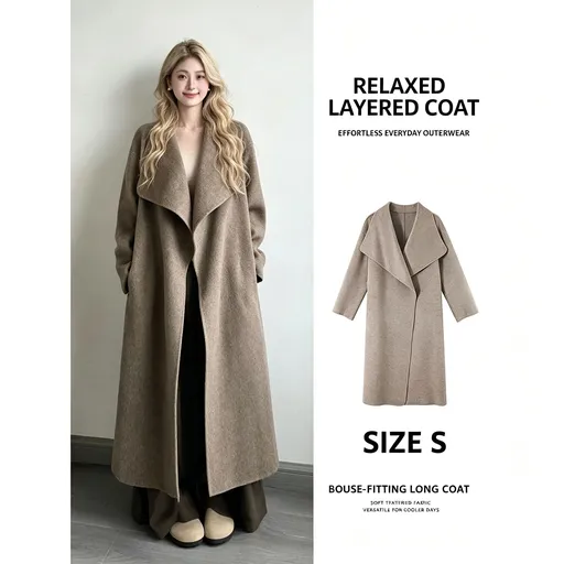 Women Oversized Lapel Wool‑Blend Coat, Nut Brown, Size S, Transitional Early‑Spring Outwear, Relaxed Silhouette Layering Piece, Versatile Office & Weekend Wardrobe Staple for Cool Mornings & Evenings