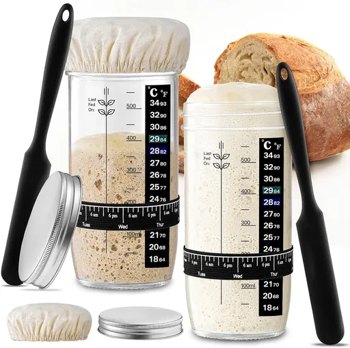 Glass Sourdough Starter Jar 2 Pack, 24 oz Wide Mouth Organic Sourdough Starter Kit with Date Marked Band, Thermometer, Cloth Cover & Metal Lid, Reusable Bread Baking Supplies, Bread Making Accessories