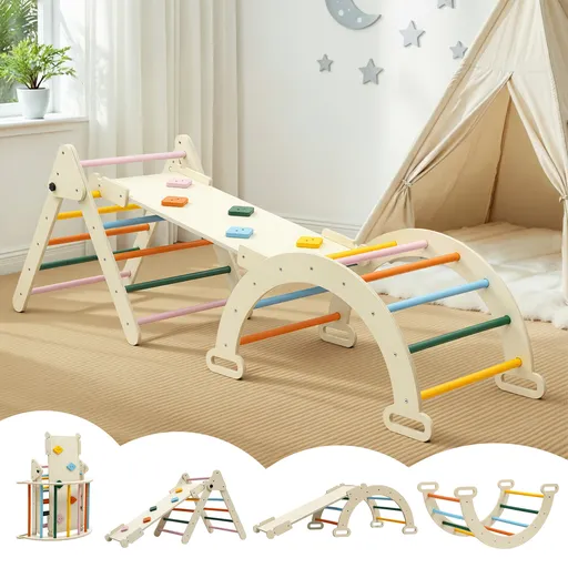 Keezi Kids Triangle Climbing Toys Set With Slide Indoor Outdoor Toddler Toys Pikler Climber With Arch