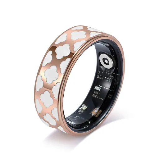 12# Striped Gold Smart Health Ring Tracker with Wireless Charging Case - Titanium Steel Fitness Wearable for Heart Rate, Sleep & Blood Oxygen Monitoring - Waterproof Wellness Device